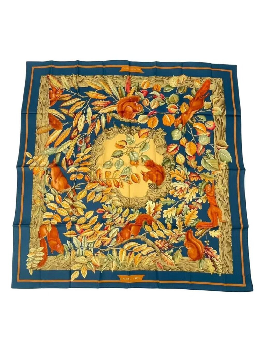 Hermes Carre 90 Casse Noisette Nutcracker Squirrel Pattern Nut Scarf Silk Navy